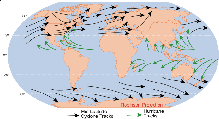 Middle latitudinal cyclones map