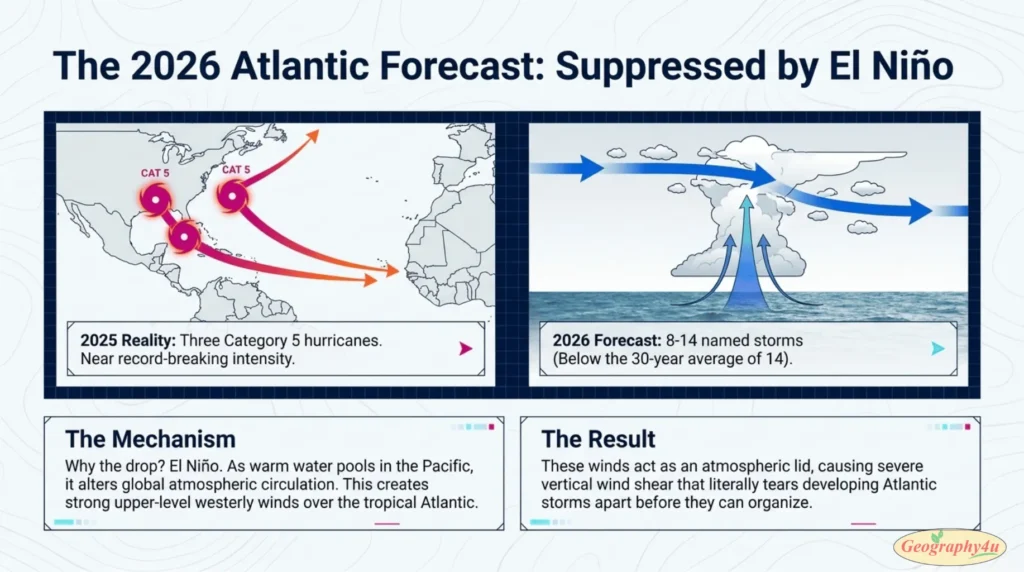 Comparison infographic of 2025 active versus 2026 quiet hurricane season