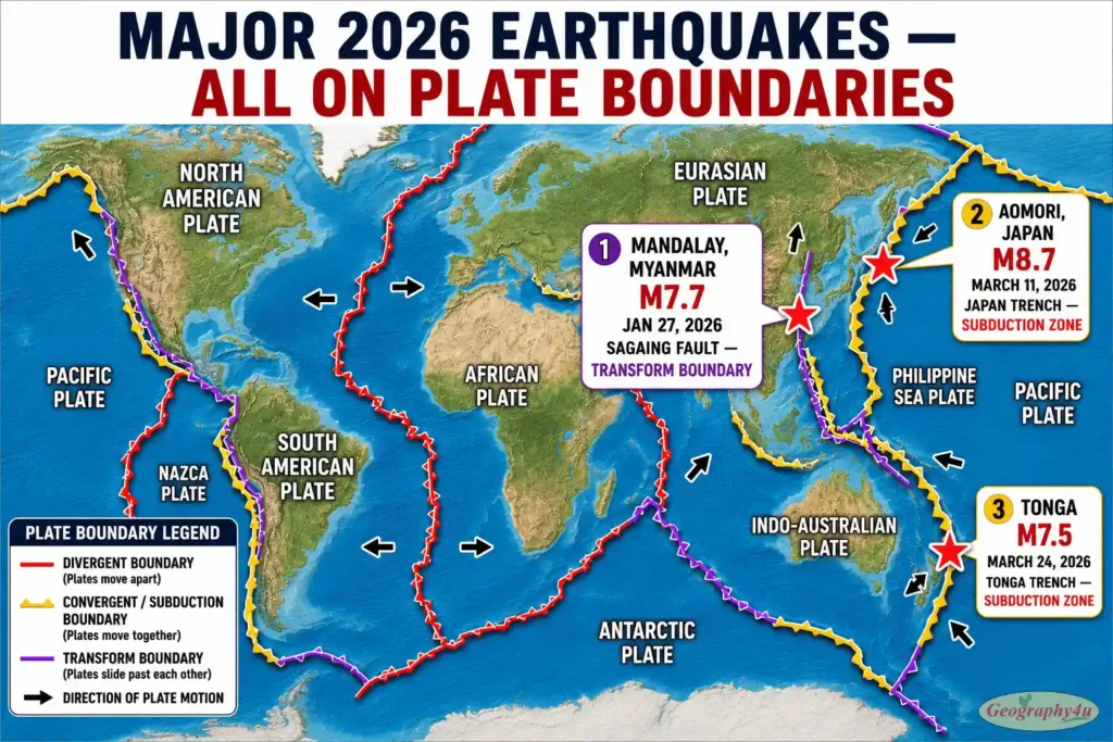 World map showing major 2026 earthquakes plotted on tectonic plate boundaries