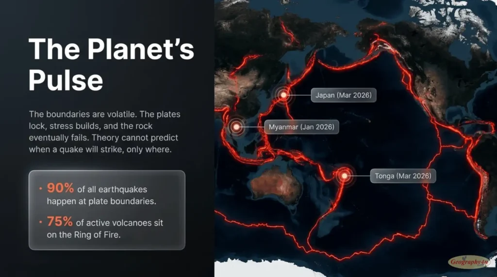 World map showing major 2026 earthquakes plotted on the tectonic plate boundaries