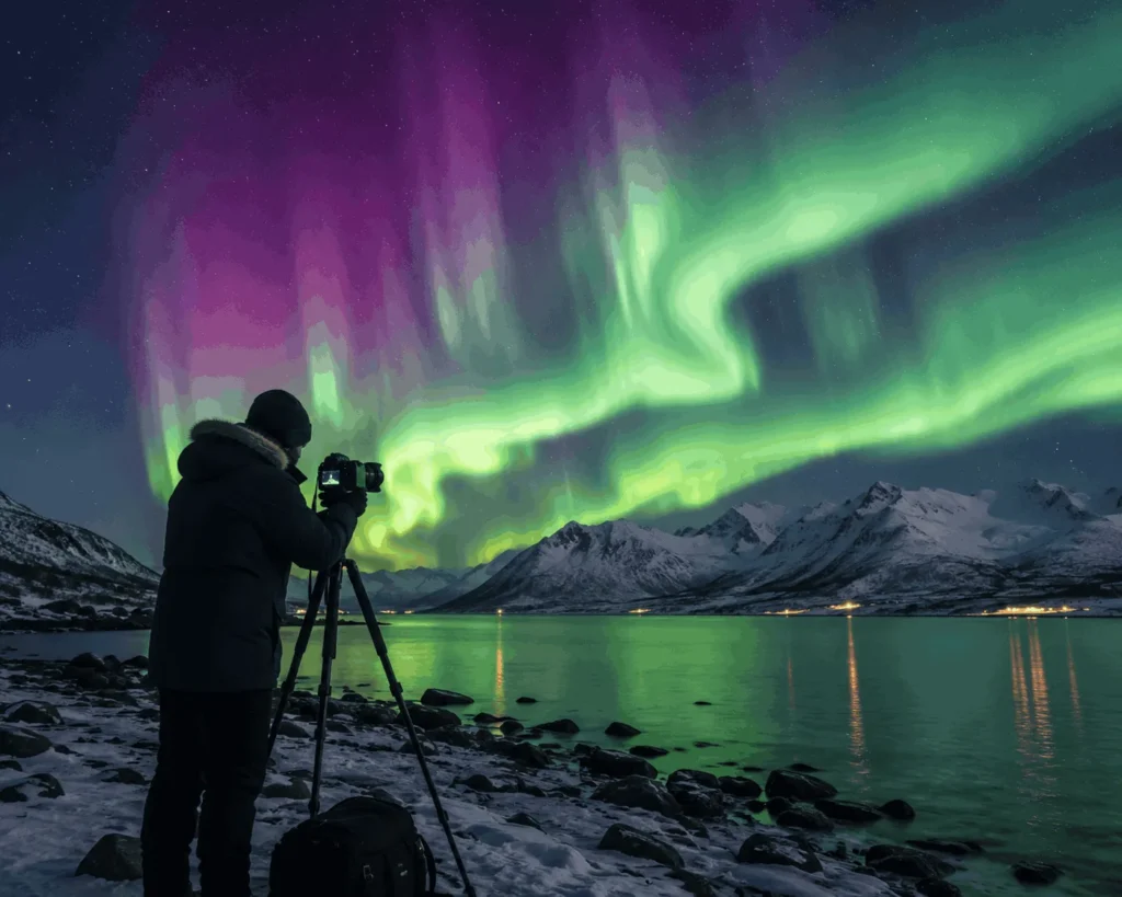 Photographer with camera and tripod taking long exposure photo of aurora borealis