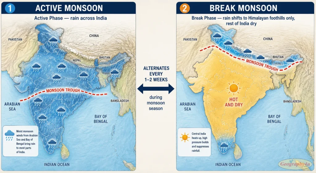 Diagram showing active and break phases of monsoon season with rainfall pattern