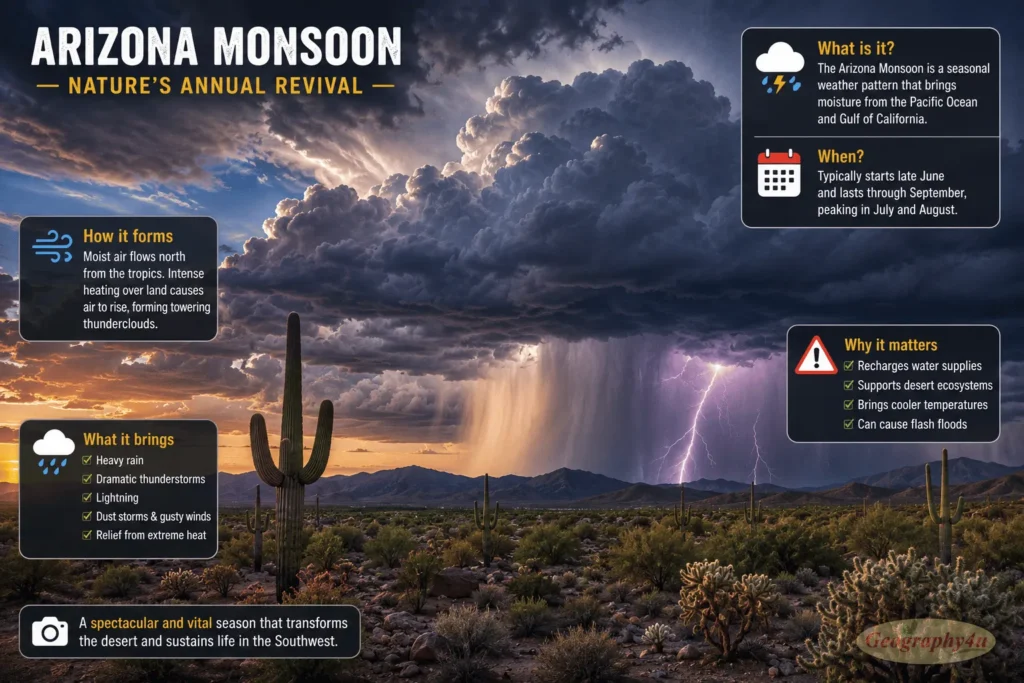 Arizona monsoon thunderstorm with dramatic clouds over desert landscape