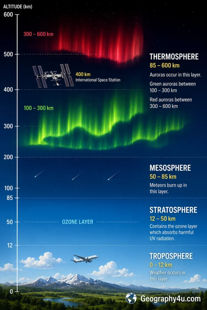 Atmospheric layers diagram showing aurora altitude between 100 and 600 km in thermosphere
