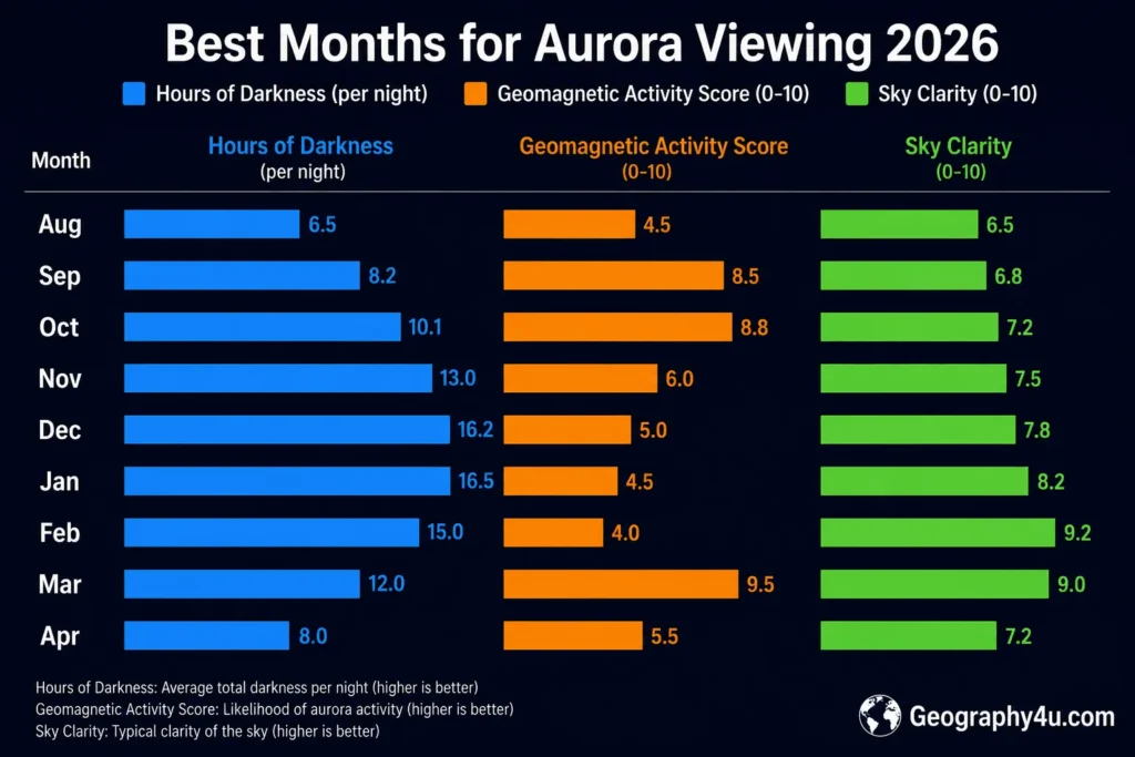 Bar chart showing best months for aurora borealis viewing September through March