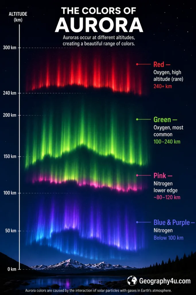 Aurora borealis colors chart showing green red blue pink purple causes by oxygen nitrogen at different altitudes