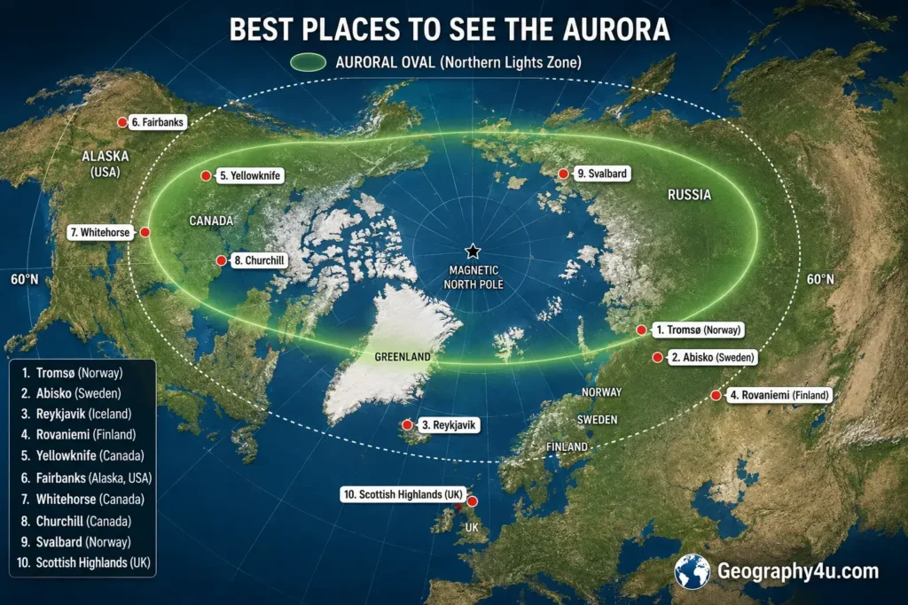 World map showing auroral oval and top 10 northern lights destinations 2026