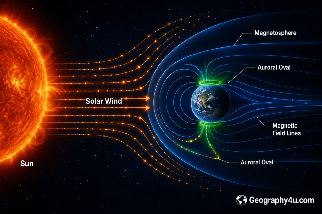 Diagram showing solar wind from sun interacting with Earth's magnetosphere creating aurora borealis at the poles