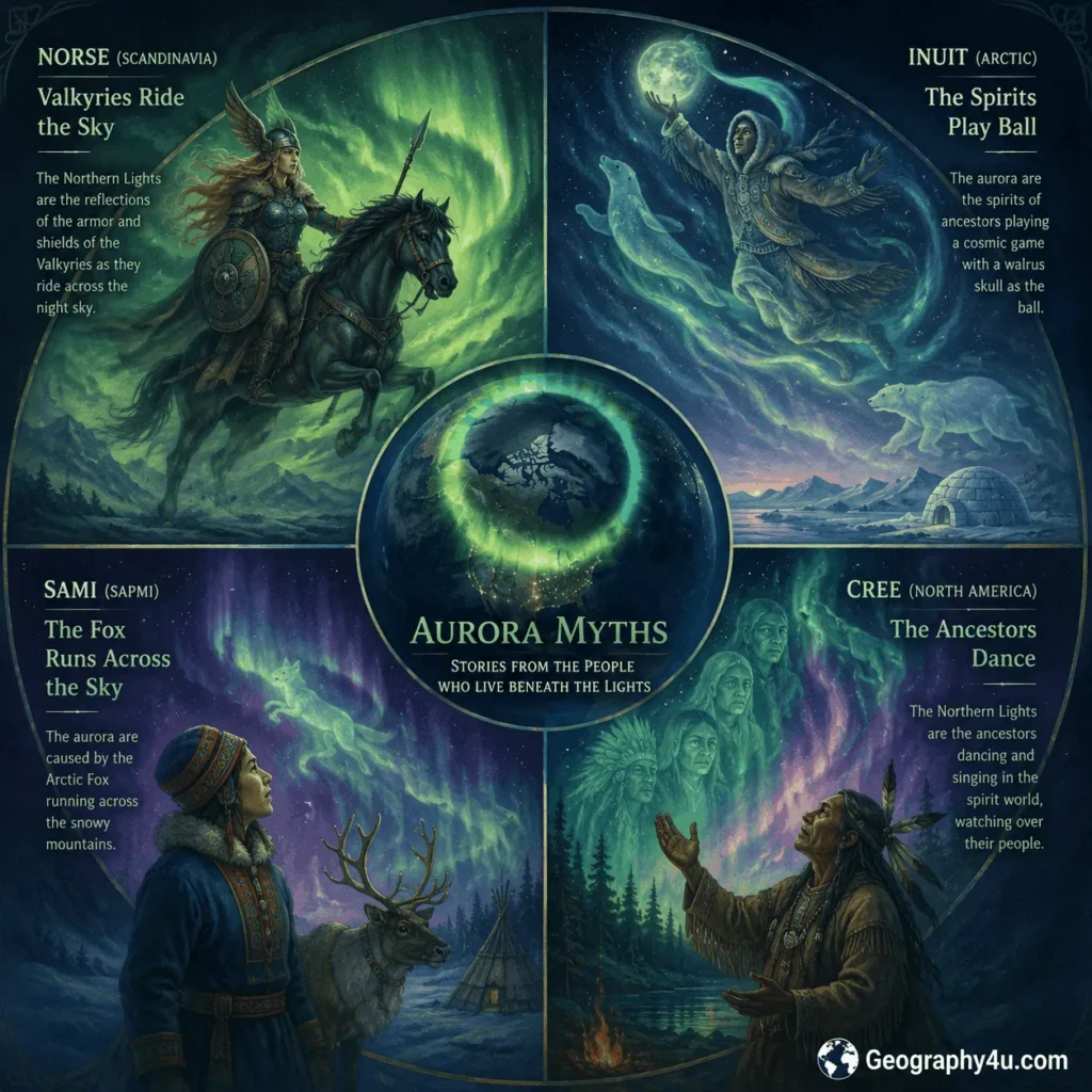 Illustration depicting aurora borealis mythology from Sami Inuit Norse cultures