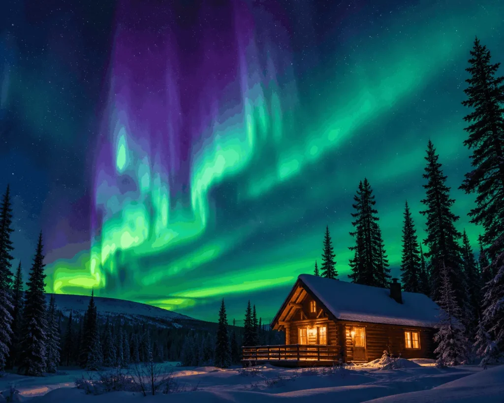 Aurora borealis photograph with cabin and trees in foreground