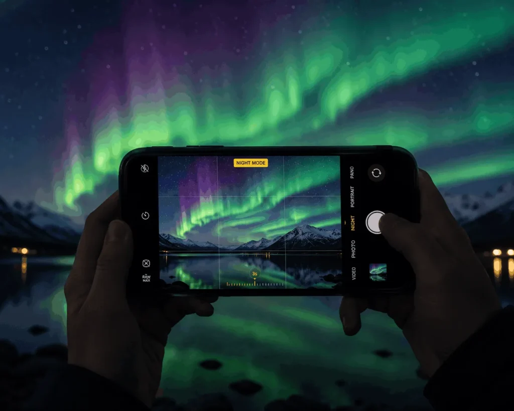 Smartphone capturing aurora borealis using night mode