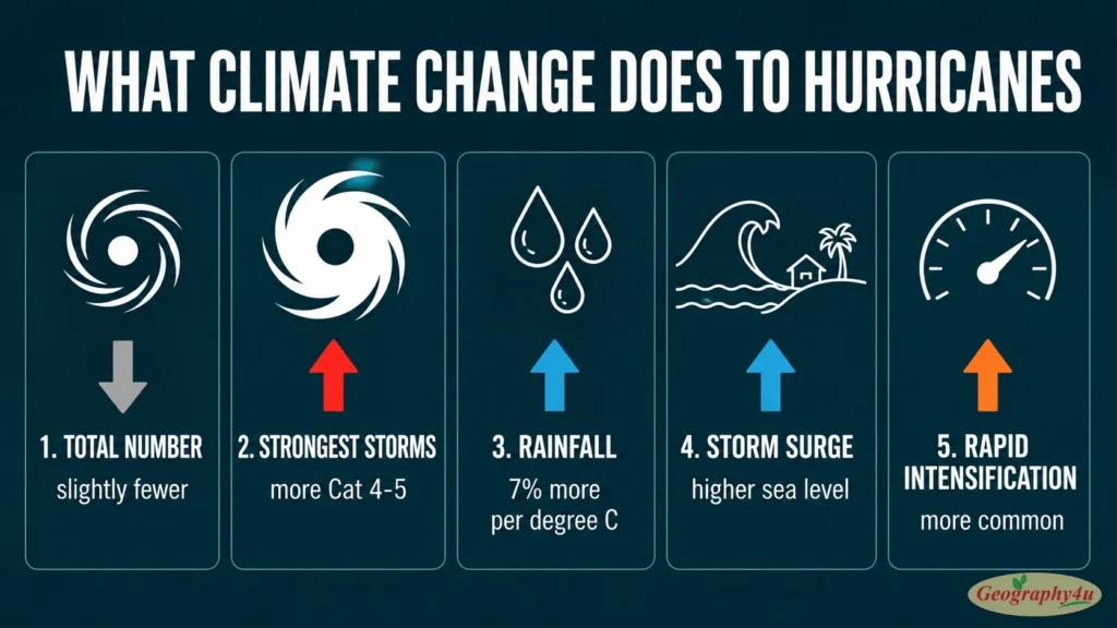 Infographic showing climate change effects on tropical cyclones including stronger storms higher surge more rain