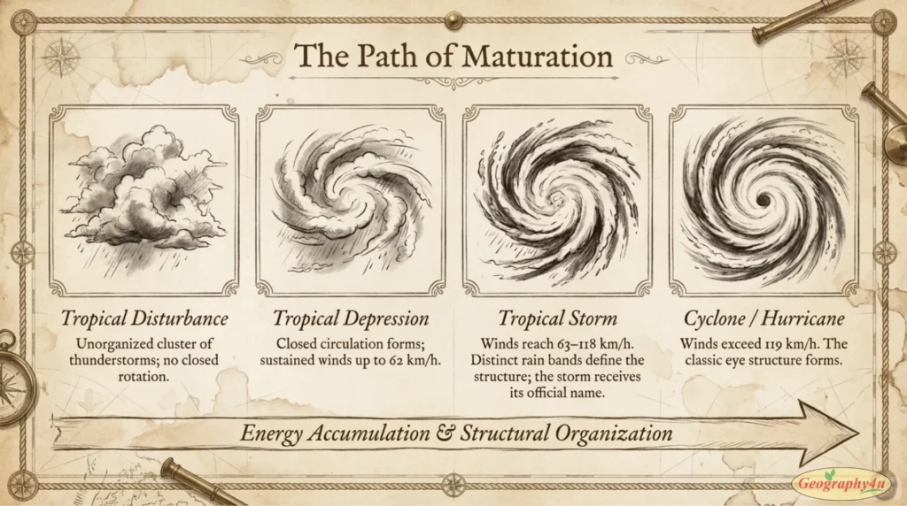 Diagram showing four stages of tropical cyclone development from disturbance to hurricane
