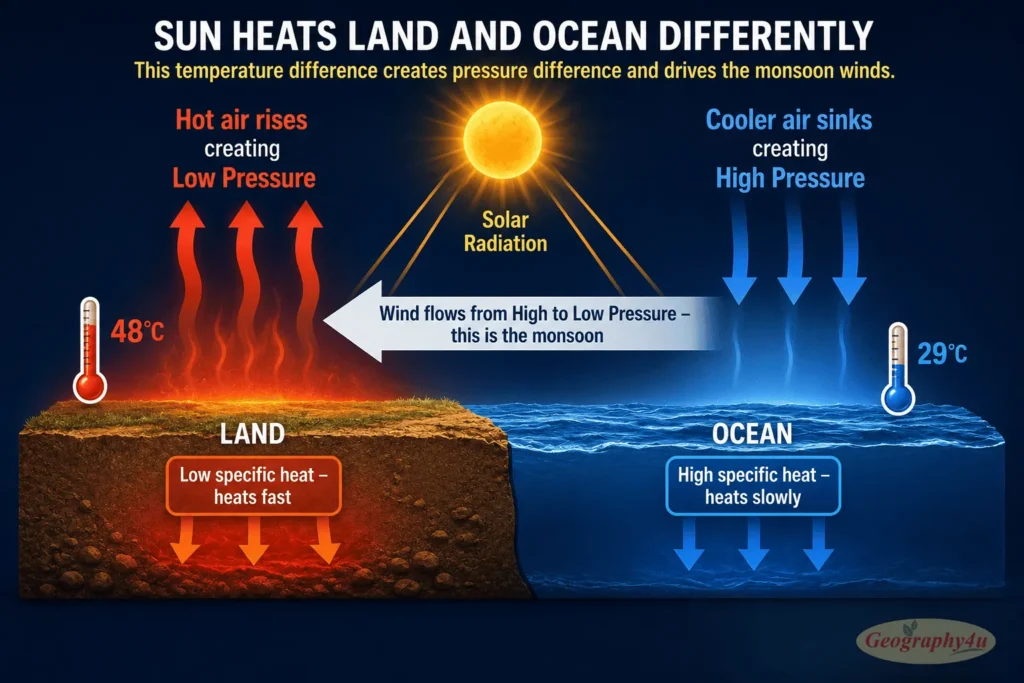 Diagram showing differential heating of land versus sea creating monsoon pressure gradient