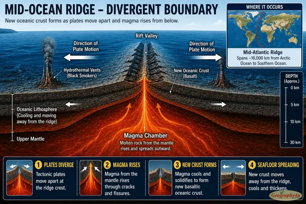 Divergent plate boundary mid-ocean ridge diagram showing new crust formation