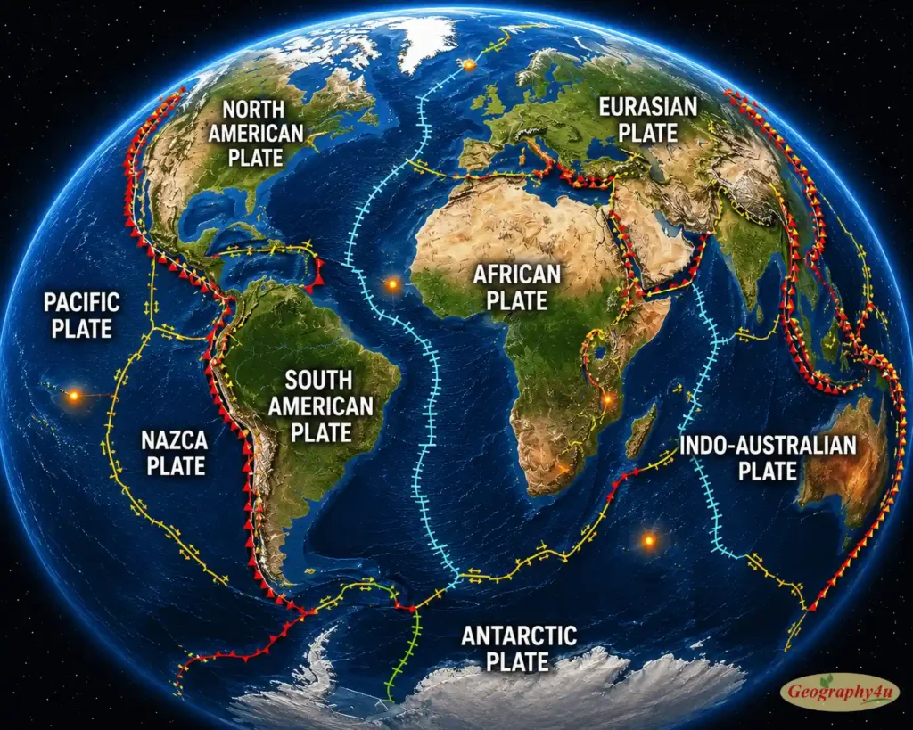 Earth from space showing continents oceans and tectonic plate features