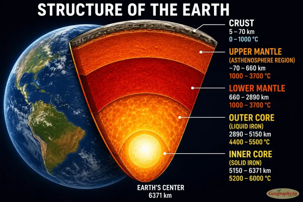 Earth layers cross section diagram crust mantle outer core inner core
