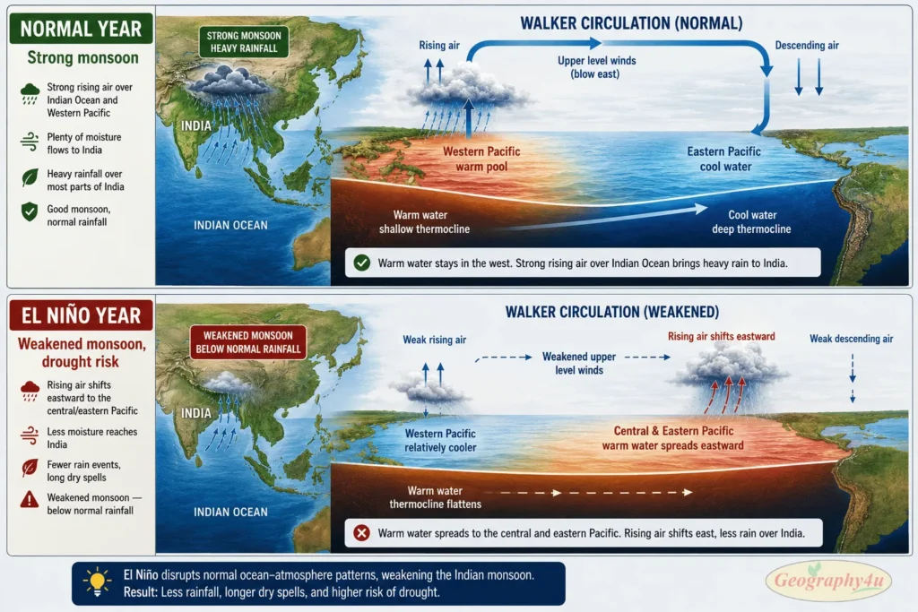 Diagram showing how El Niño warming in Pacific Ocean suppresses Indian monsoon rainfall