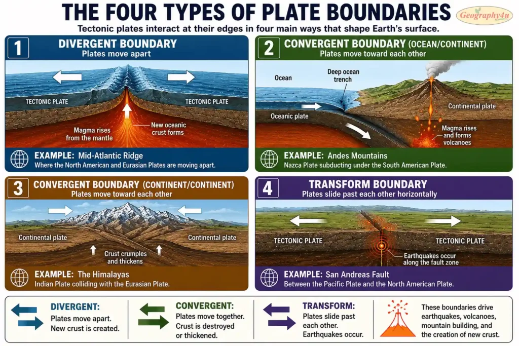 Comparison diagram of four plate boundary types divergent convergent transform and zone boundaries