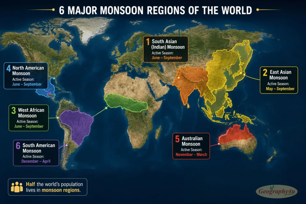 World map showing all major monsoon systems including Indian East Asian West African North American and Australian