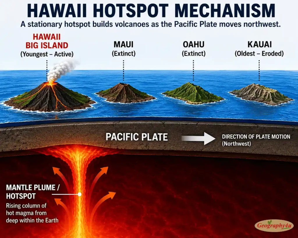 Hawaii hotspot diagram Pacific Plate moving over fixed mantle plume