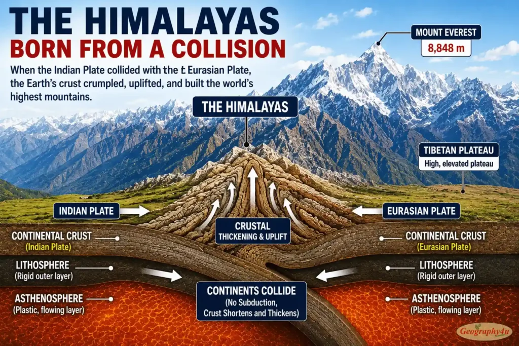 Himalayan mountains formed by plate tectonic collision India Eurasia