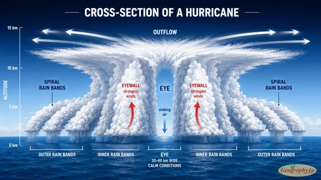 Cross-section diagram of hurricane showing eye eyewall rain bands and wind structure