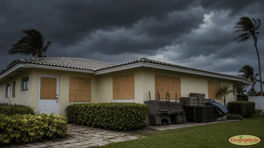 Coastal home prepared for hurricane with boarded windows