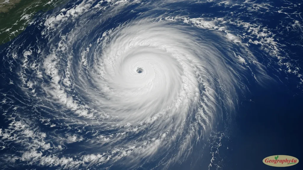 Satellite image of Category 5 hurricane showing clear eye from space