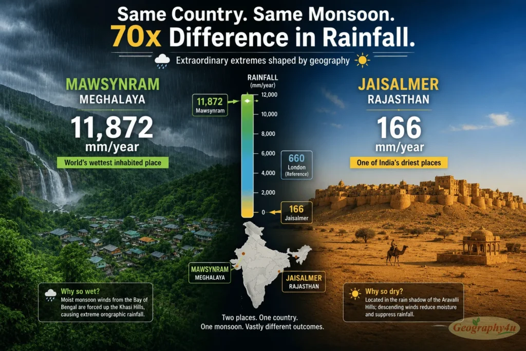 India rainfall extremes comparison Mawsynram wettest versus Jaisalmer driest