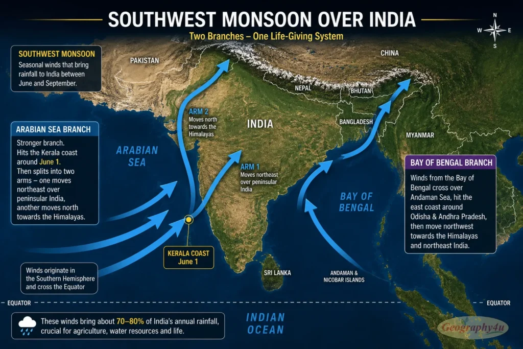 Map showing Arabian Sea branch and Bay of Bengal branch of Indian monsoon with advance dates