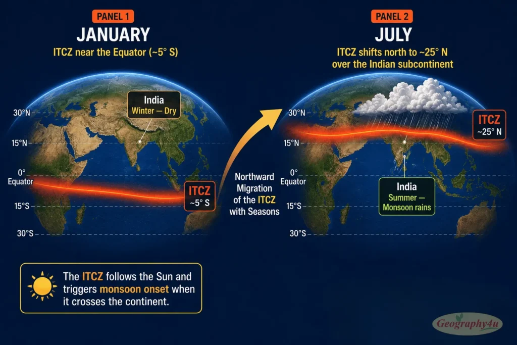 Diagram showing ITCZ Inter-Tropical Convergence Zone migration north in summer triggering monsoon