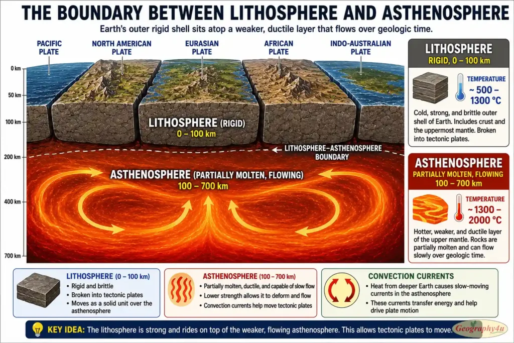 Lithosphere and asthenosphere diagram showing rigid plates floating on flowing mantle