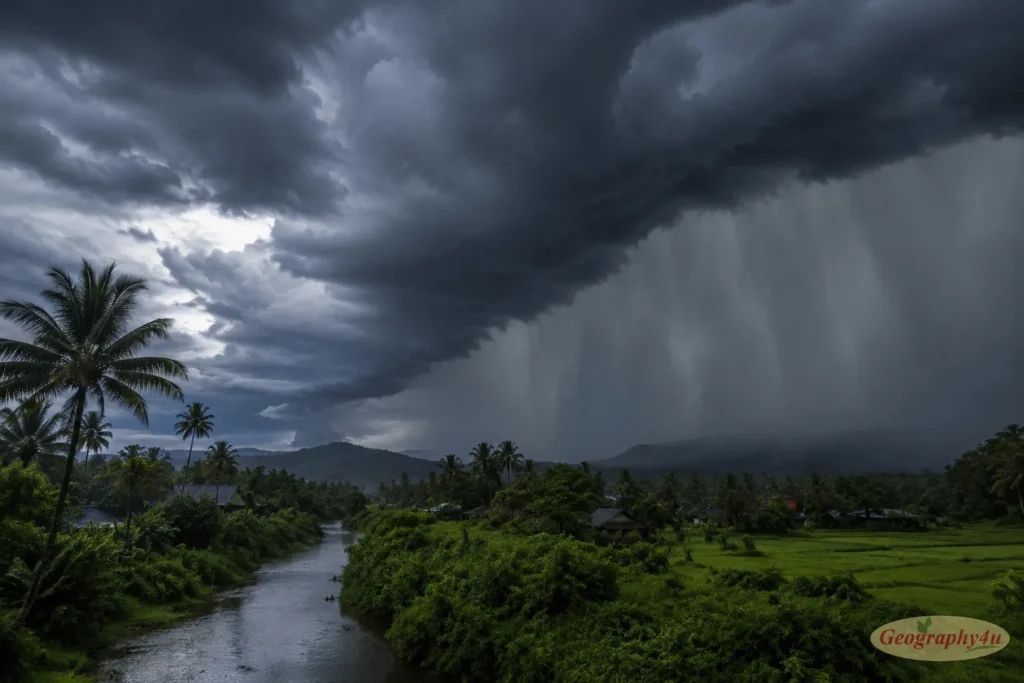 Dramatic monsoon clouds building over tropical landscape