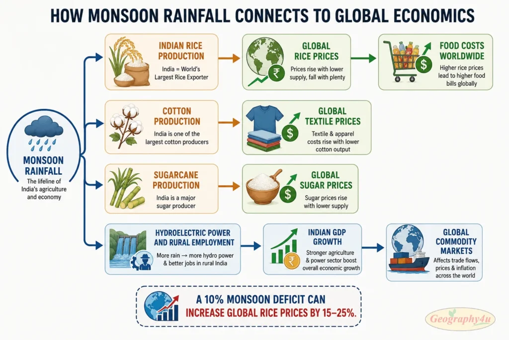 Infographic showing monsoon impact chain from rainfall to global food prices and inflation