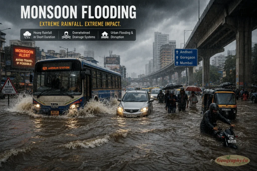 Monsoon flooding in urban area showing extreme rainfall impact