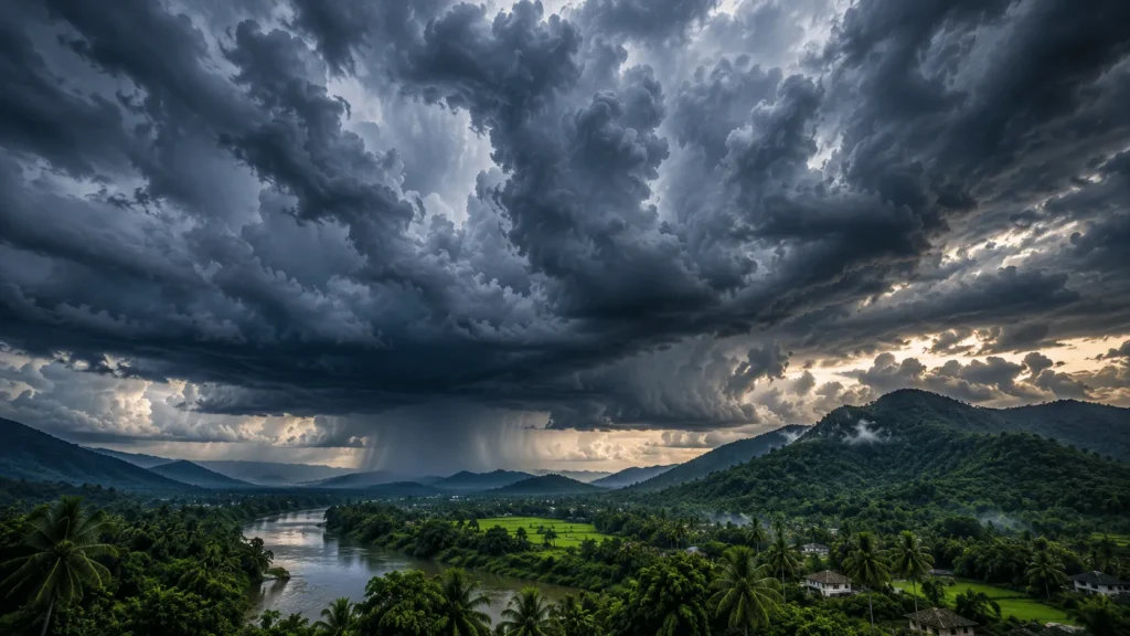 Panoramic monsoon clouds over tropical landscape dramatic sky