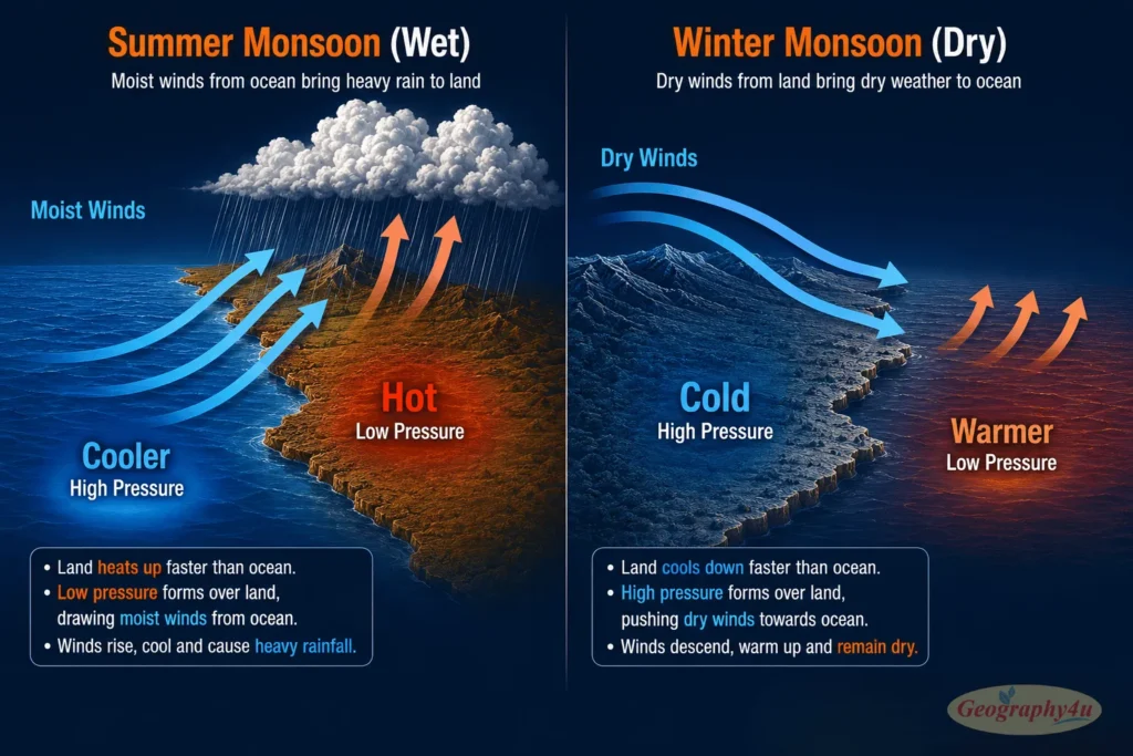 Diagram comparing monsoon wind direction in summer wet season versus winter dry season