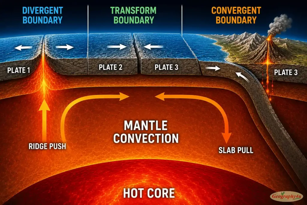 How plate tectonics works diagram showing convection currents and plate movement