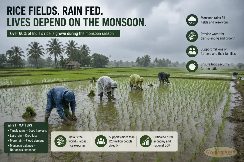 Rice paddy fields flooded during monsoon season showing agriculture dependence