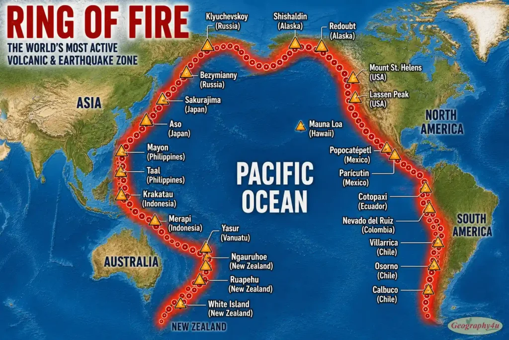 Pacific Ring of Fire map showing volcanoes and earthquake zones around Pacific Ocean