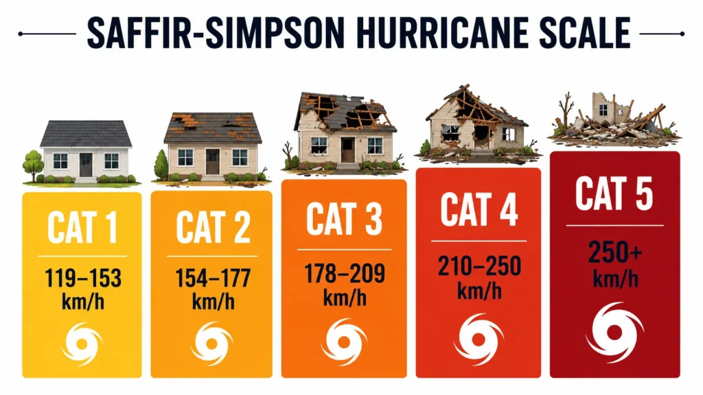Saffir-Simpson Hurricane Scale visual comparison Category 1 through 5 with wind speeds