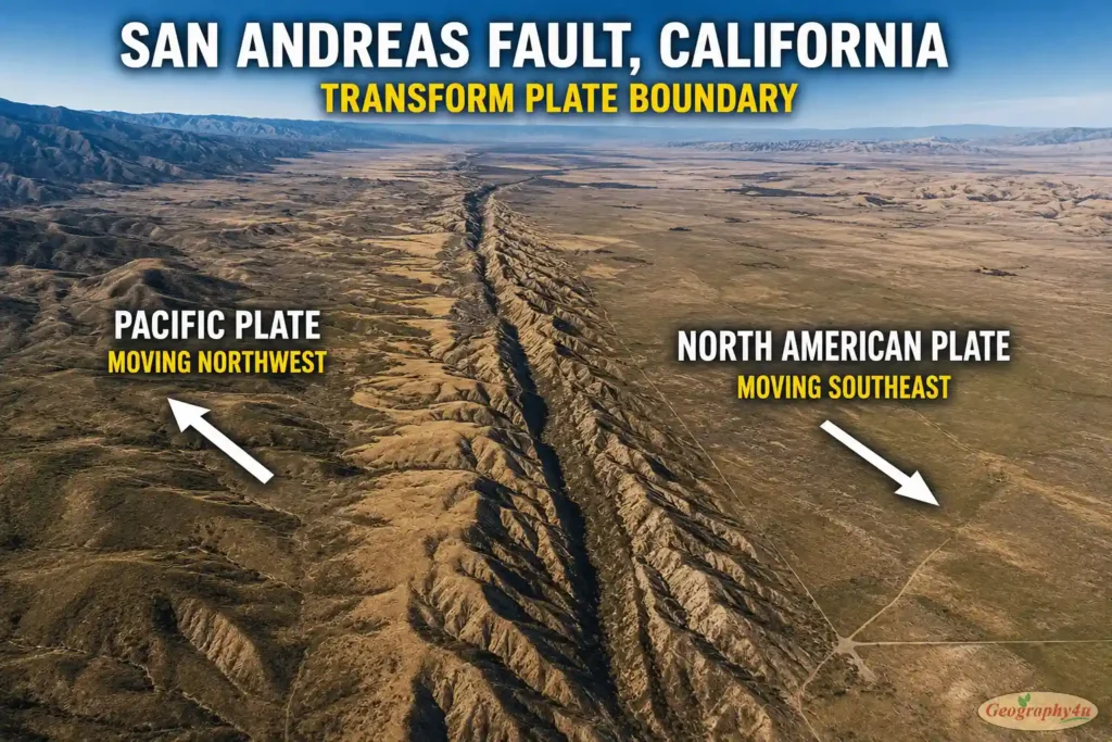 San Andreas Fault aerial view California transform plate boundary