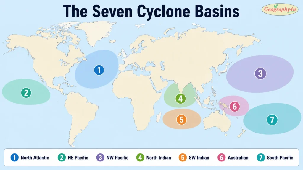 World map showing seven tropical cyclone basins with typical storm tracks