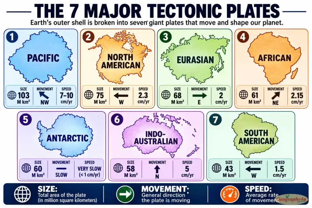 Comparison diagram of seven major tectonic plates showing size and motion direction