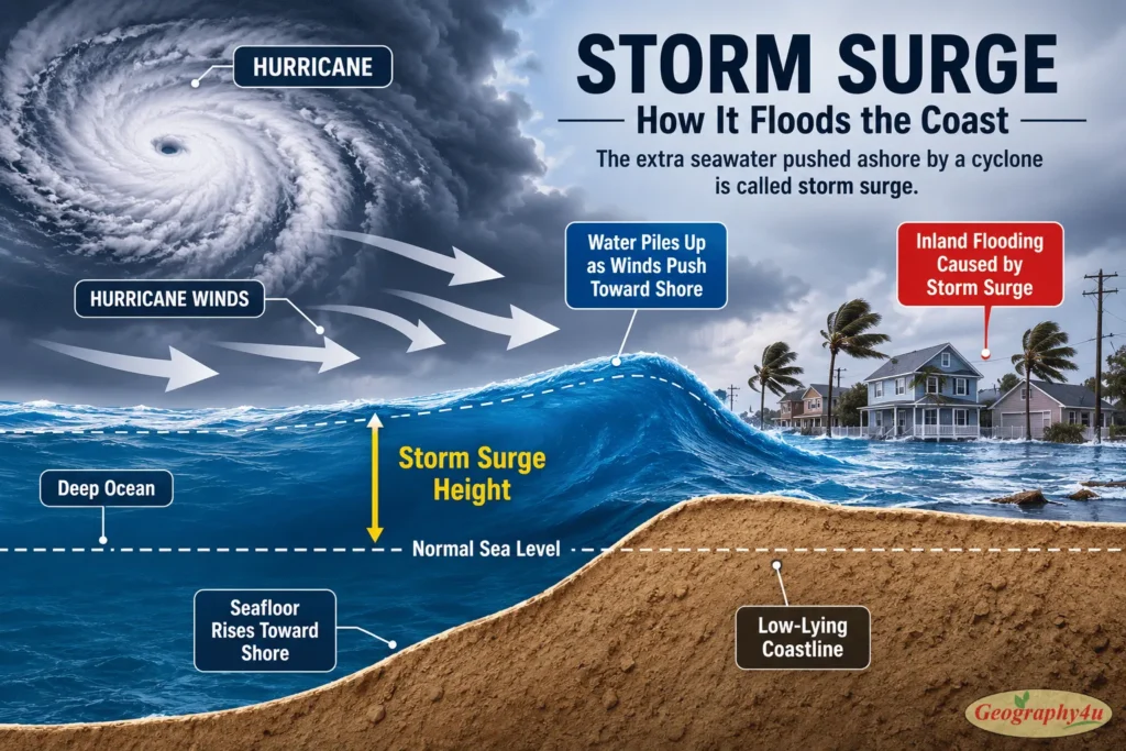 Hurricane storm surge flooding coastal area showing destructive power