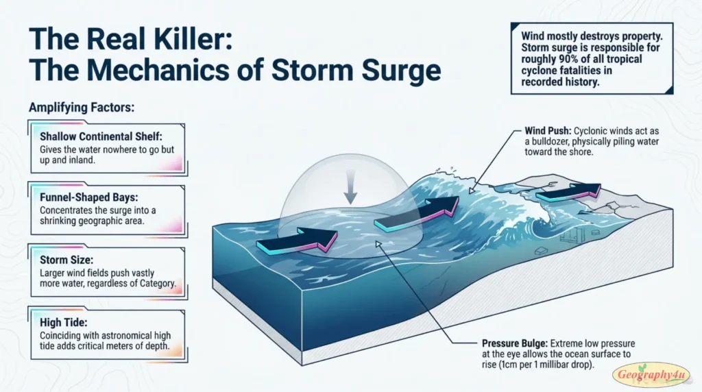 Diagram showing how storm surge forms and floods coastal areas during hurricane