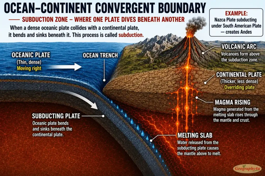 Subduction zone diagram oceanic plate diving beneath continental plate with volcano
