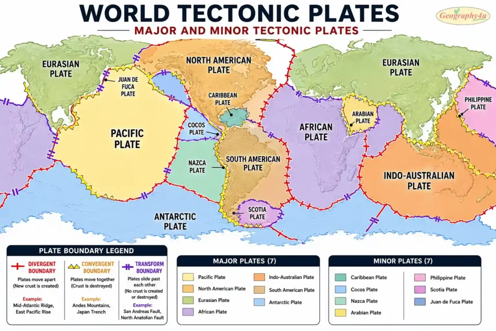 World map showing all tectonic plates and plate boundaries colored