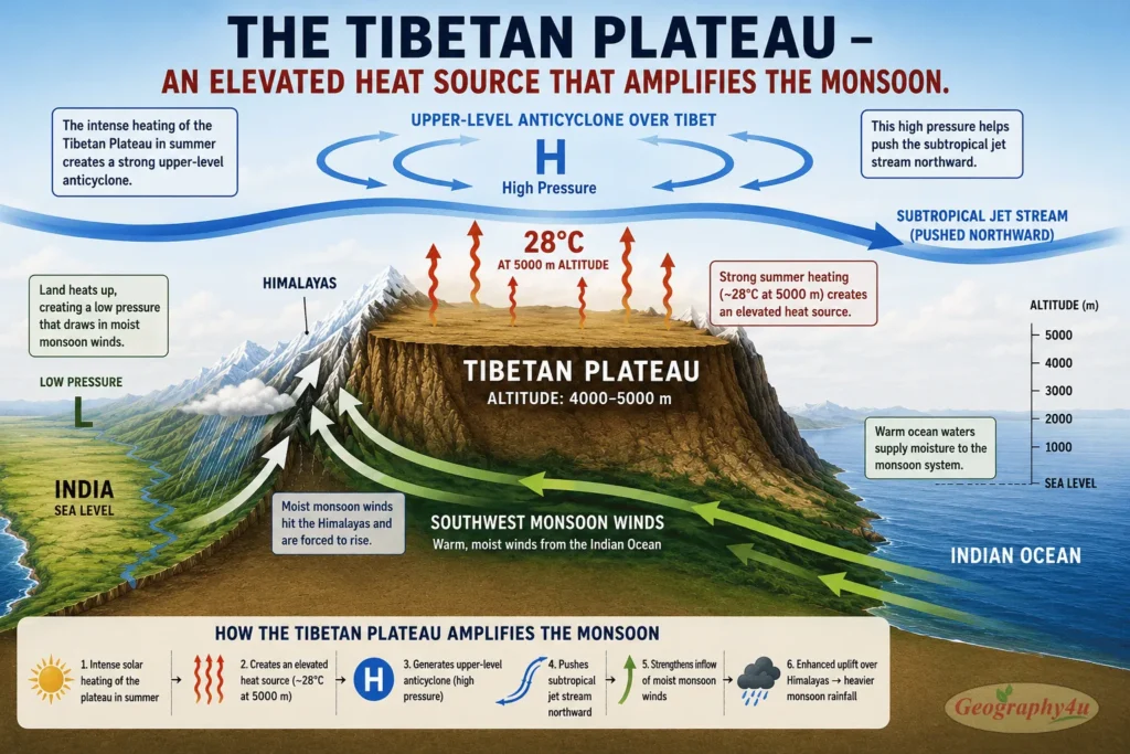 Diagram showing Tibetan Plateau heating effect amplifying Indian monsoon